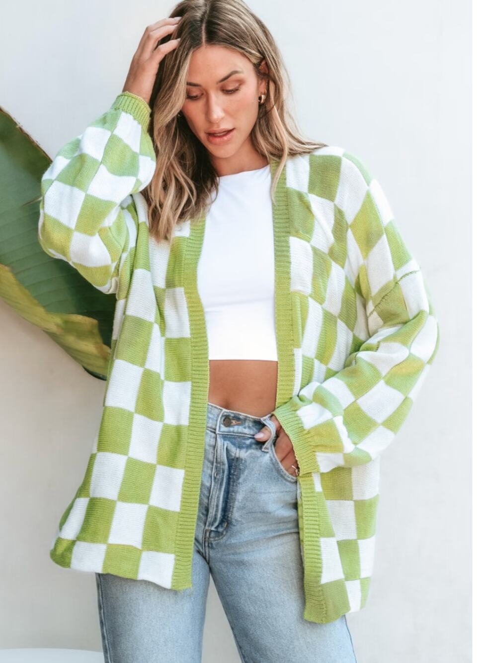 Green Checkered Open Front Cardigan